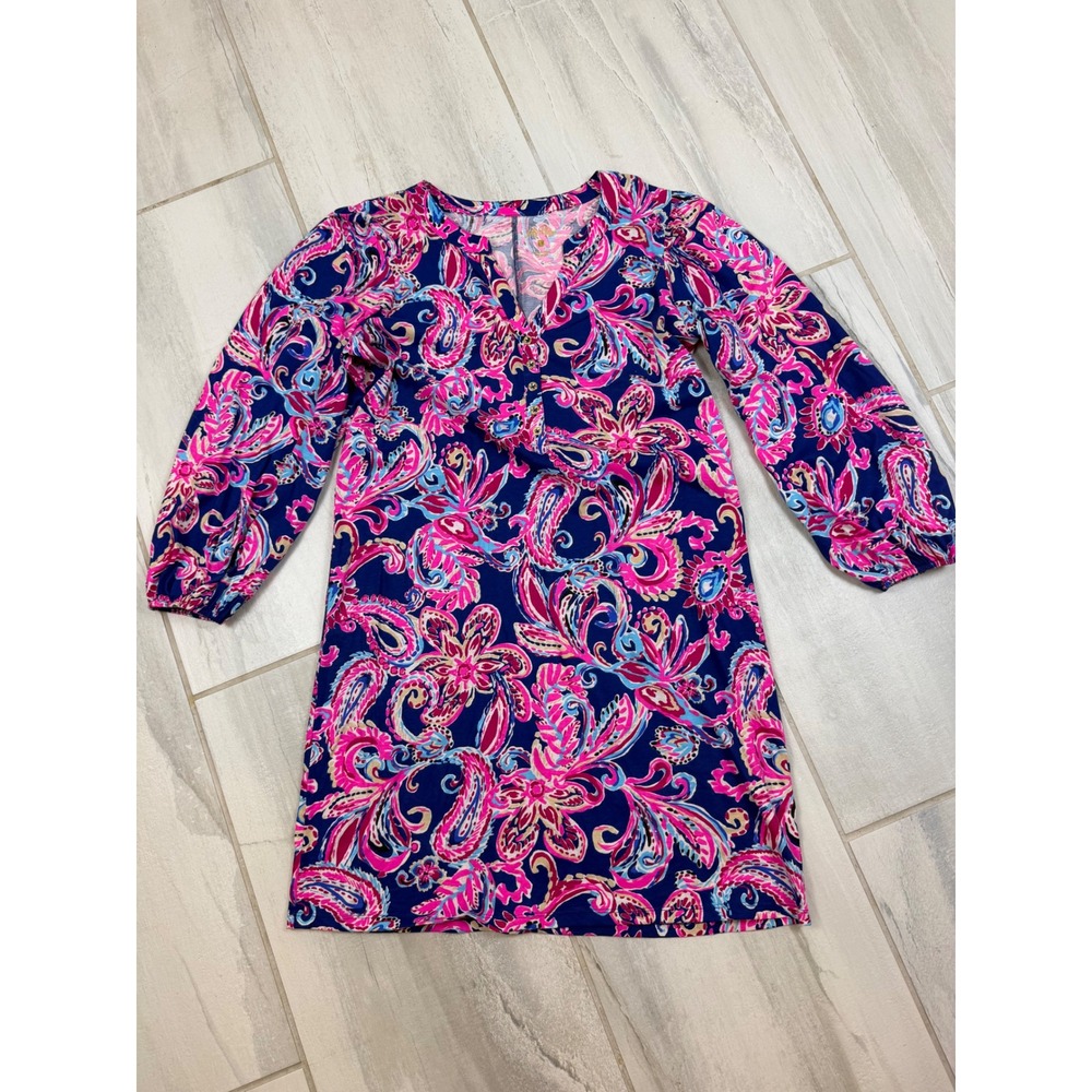Lilly Pulitzer Pink Blue Paisley Cotton Knit Shift Dress Long Sleeve Womens L